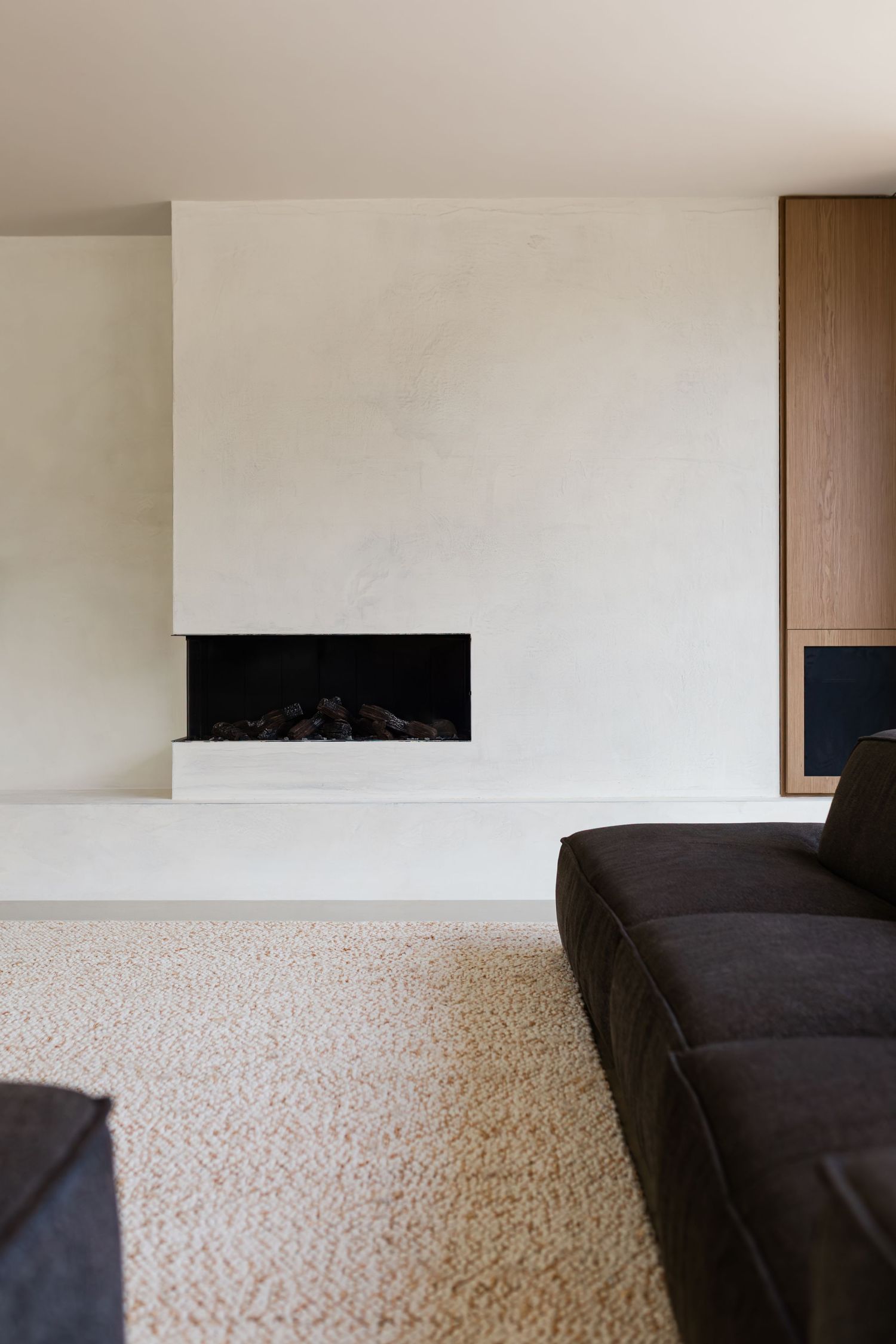 Minimalist interior space with dark sofa against white wall and wooden accent panel, featuring beige carpeted floor.