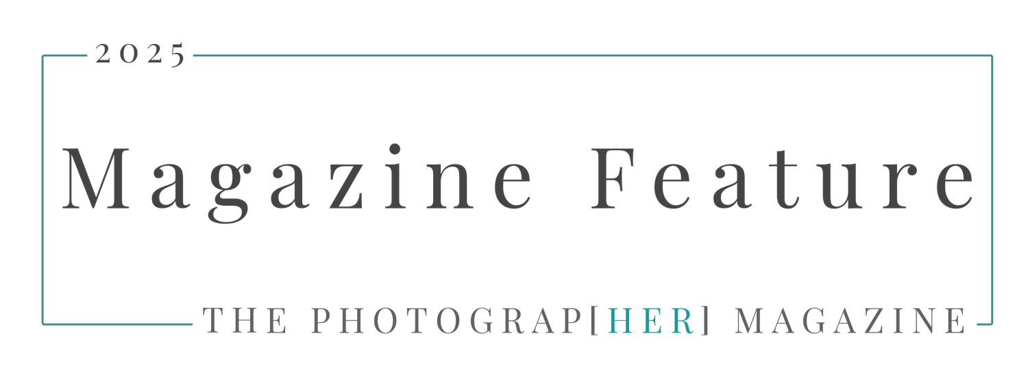 A minimalist magazine layout template with text 'Magazine Feature' and 'THE PHOTOGRAPHER MAGAZINE' in elegant typography.