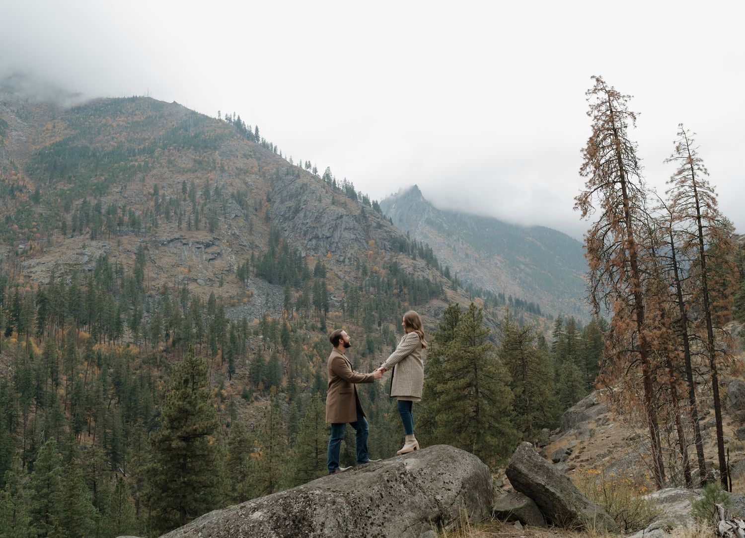 Two people stand on a rocky outcrop overlooking a misty mountain forest landscape.