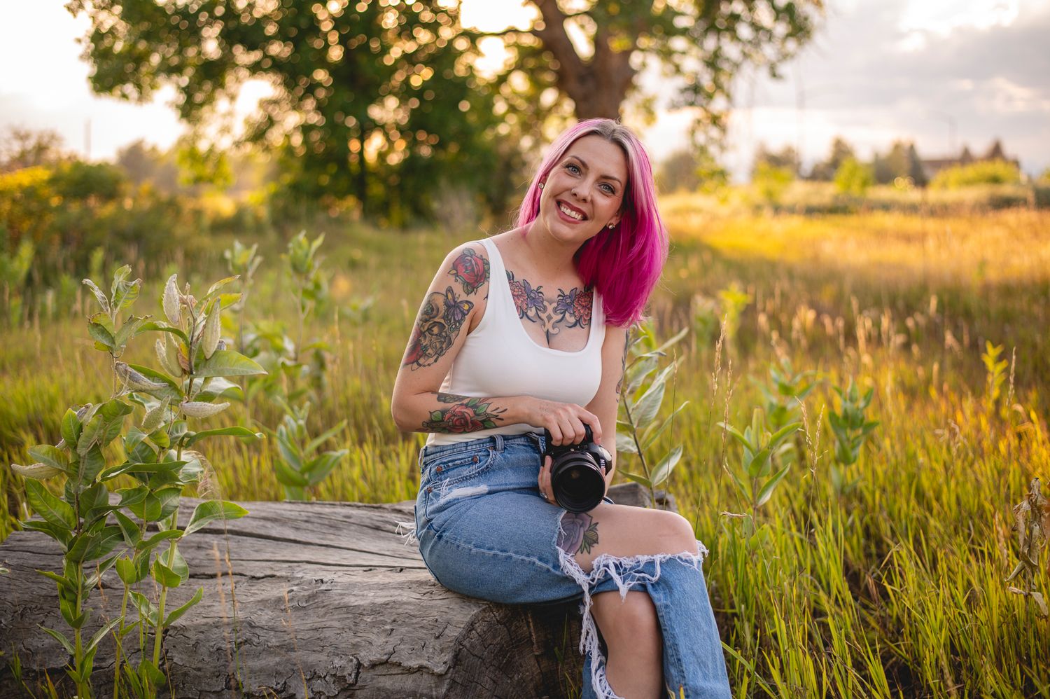 A series of outdoor portrait photos taken in a golden field at sunset with tall grass and natural lighting.