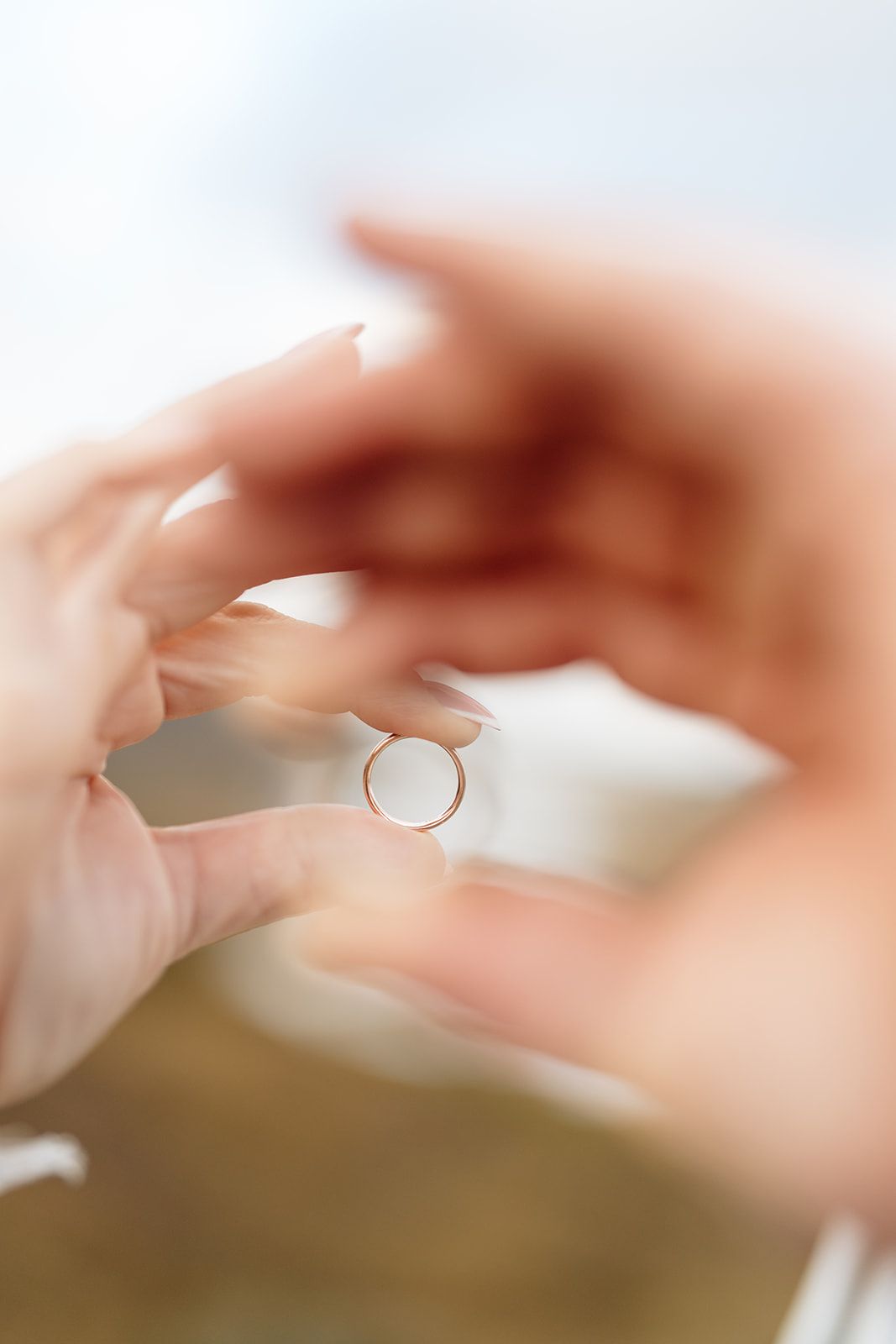 Macro shot of wedding rings held up against a blurred natural background.