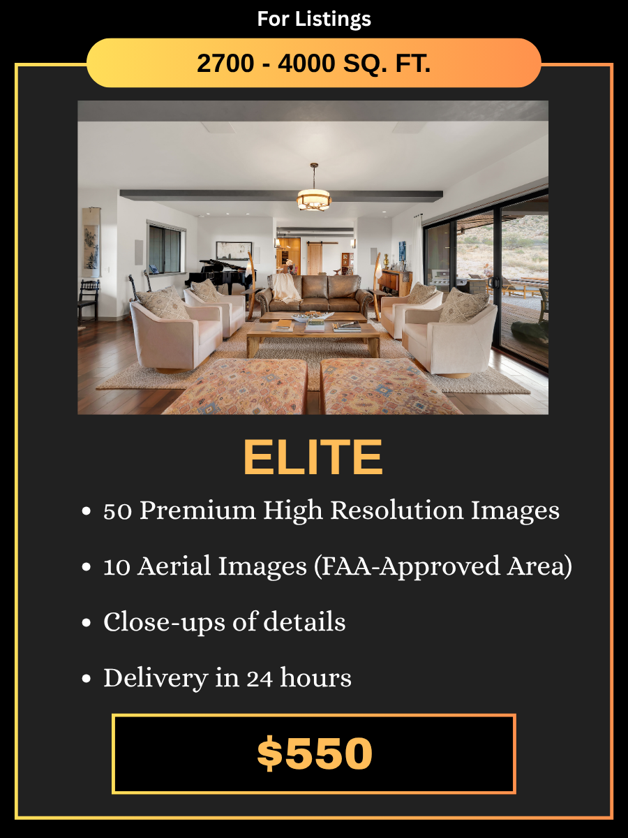 Real estate photography Elite package pricing card featuring luxury living room photo for 2700-4000 sq ft homes.