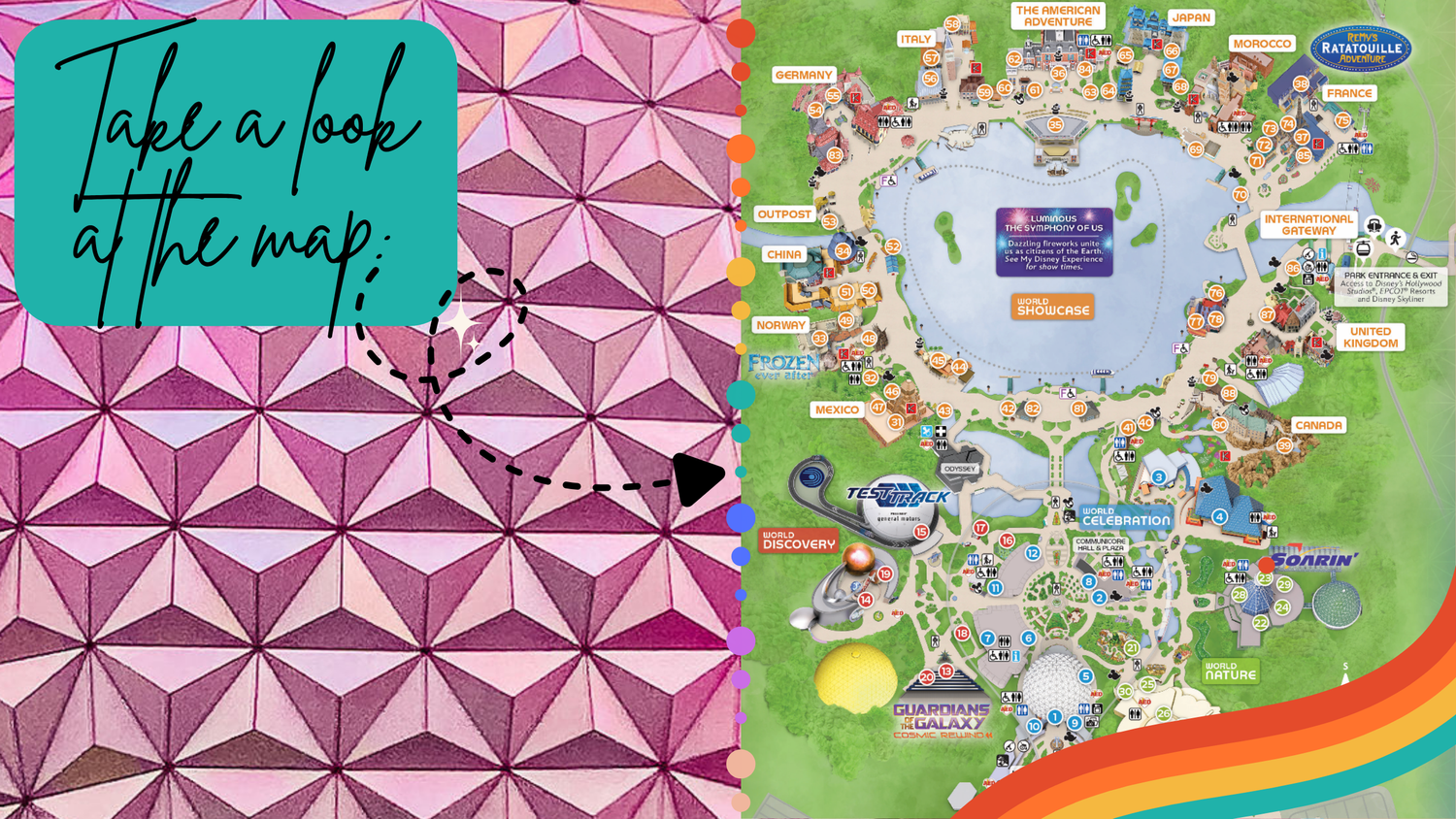 A split view of Disney World's pink Spaceship Earth geodesic sphere and a colorful theme park map with attractions and pathways.
