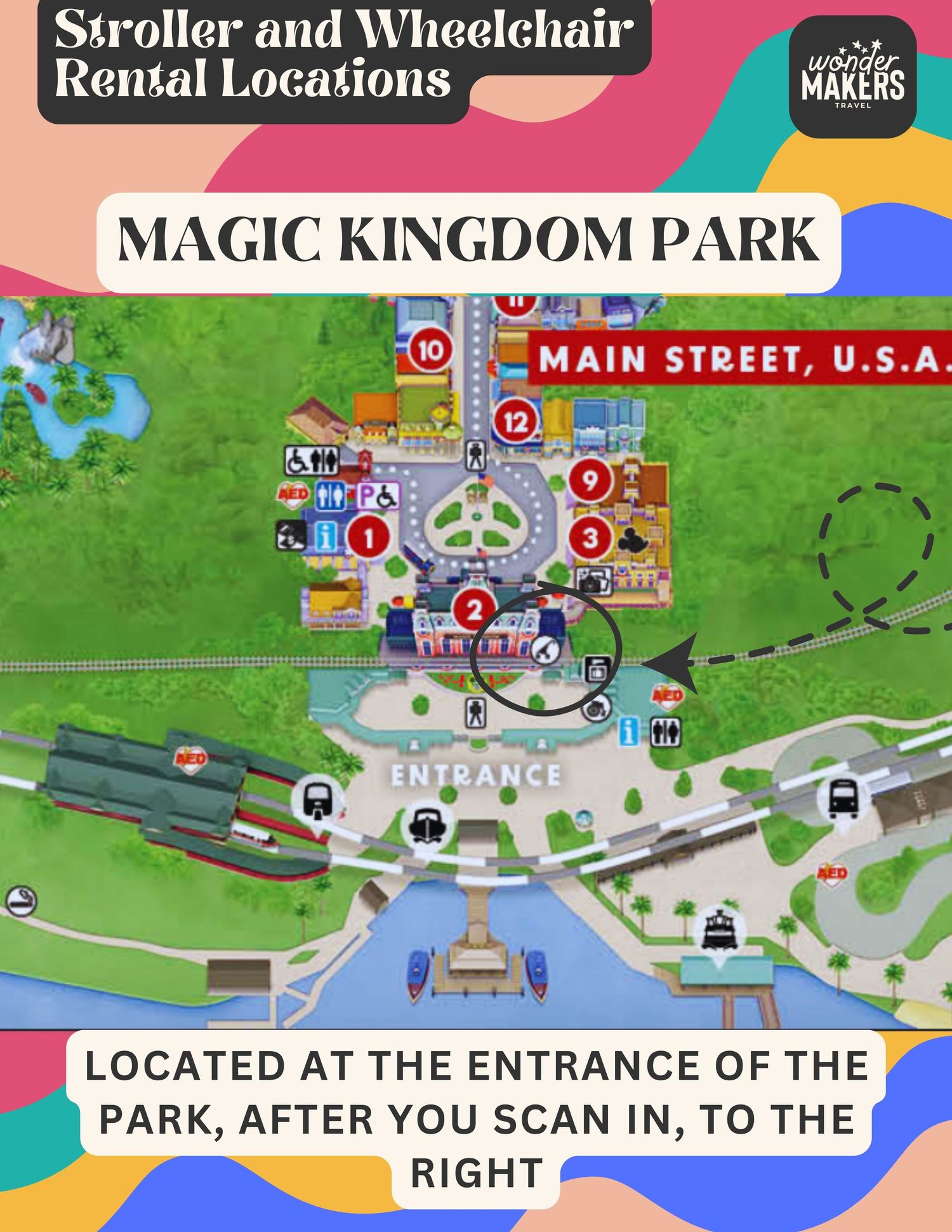 Map showing stroller and wheelchair rental location at Magic Kingdom park entrance, with Main Street USA and castle visible.