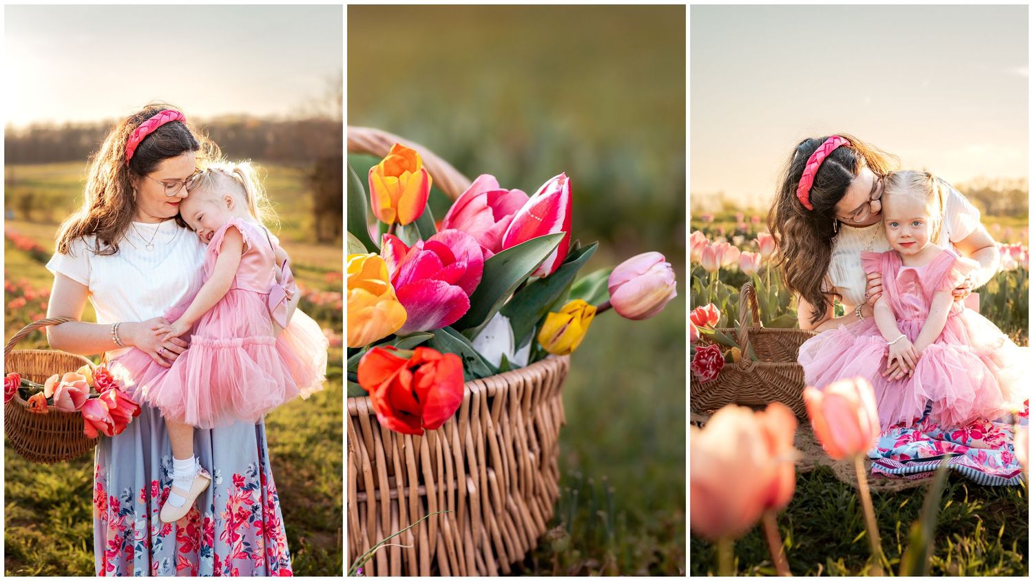 A dreamy spring scene featuring a woven basket filled with vibrant pink and orange tulips in soft natural lighting.