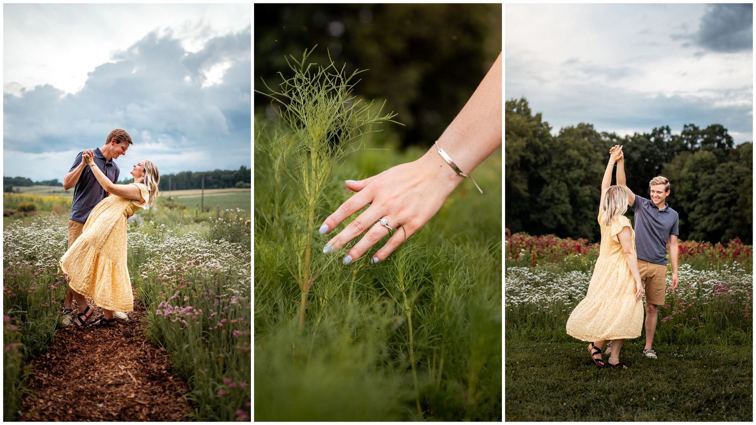 A triptych of romantic scenes in a wildflower meadow shows dancing, a delicate hand touching grass, and a joyful twirl.