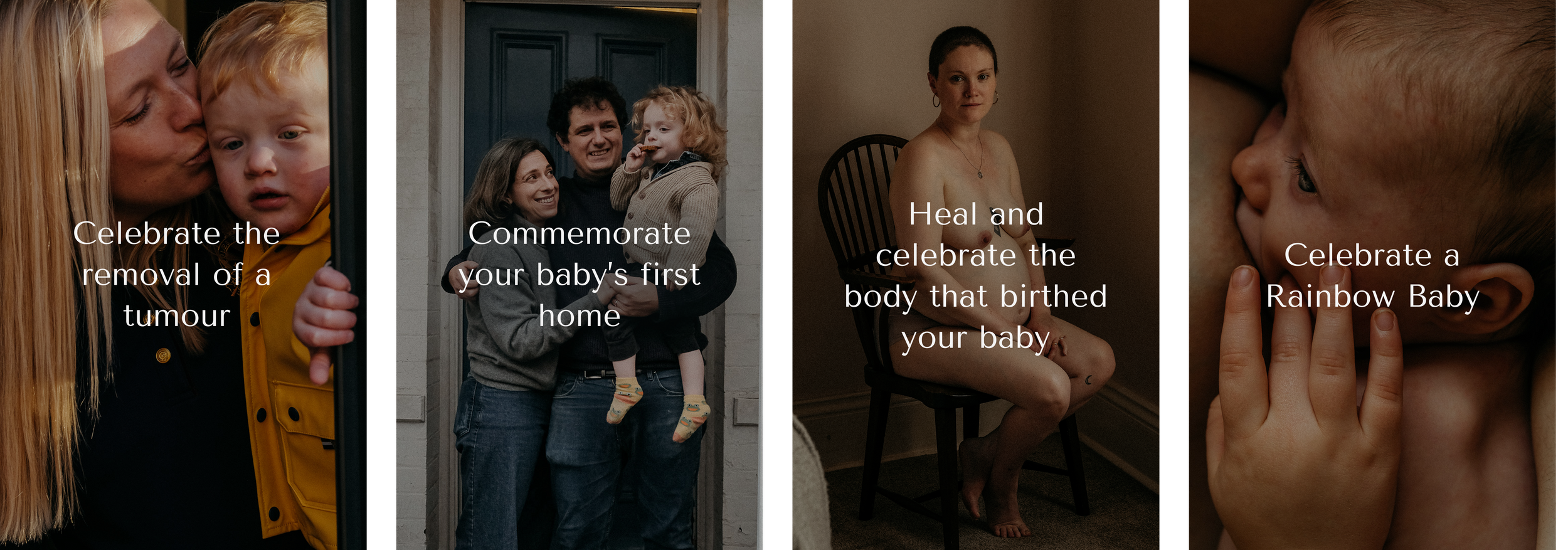 Four vertical dark moody lifestyle photos of people in intimate moments displayed in a collage format.