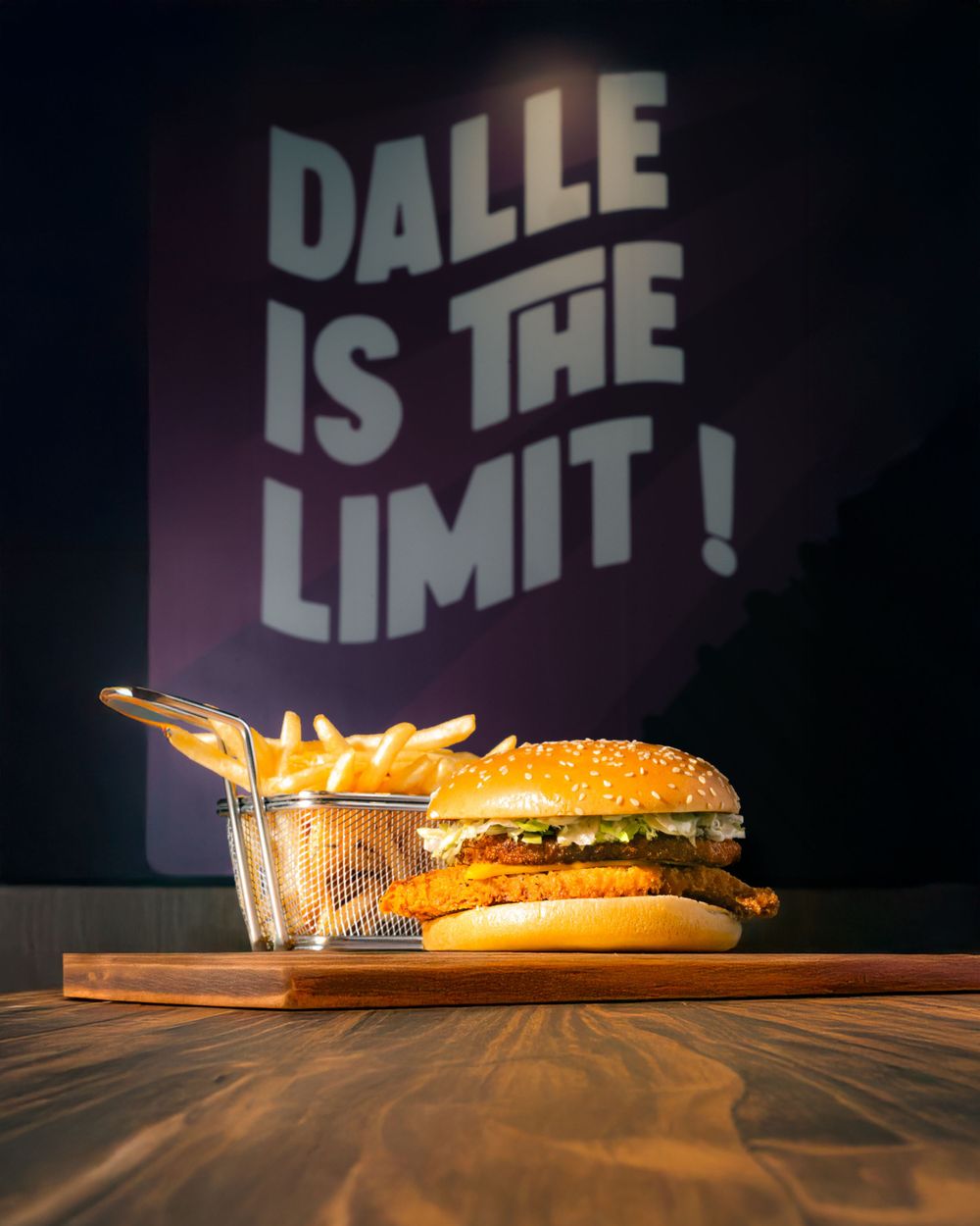 Burger and fries served against wall with 'Dalle is the Limit' text signage.Mtlshutter photography