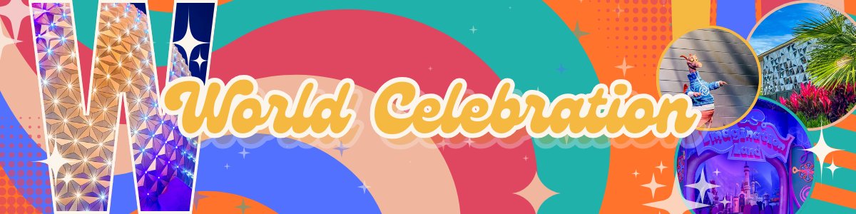 Colorful wavy banner design featuring bold text 'World Celebration' against vibrant teal, orange and purple backgrounds.