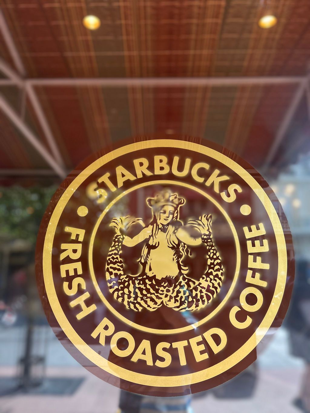 Historical evolution of the Starbucks coffee logo shown in a series of bronze circular emblems mounted on a wall.