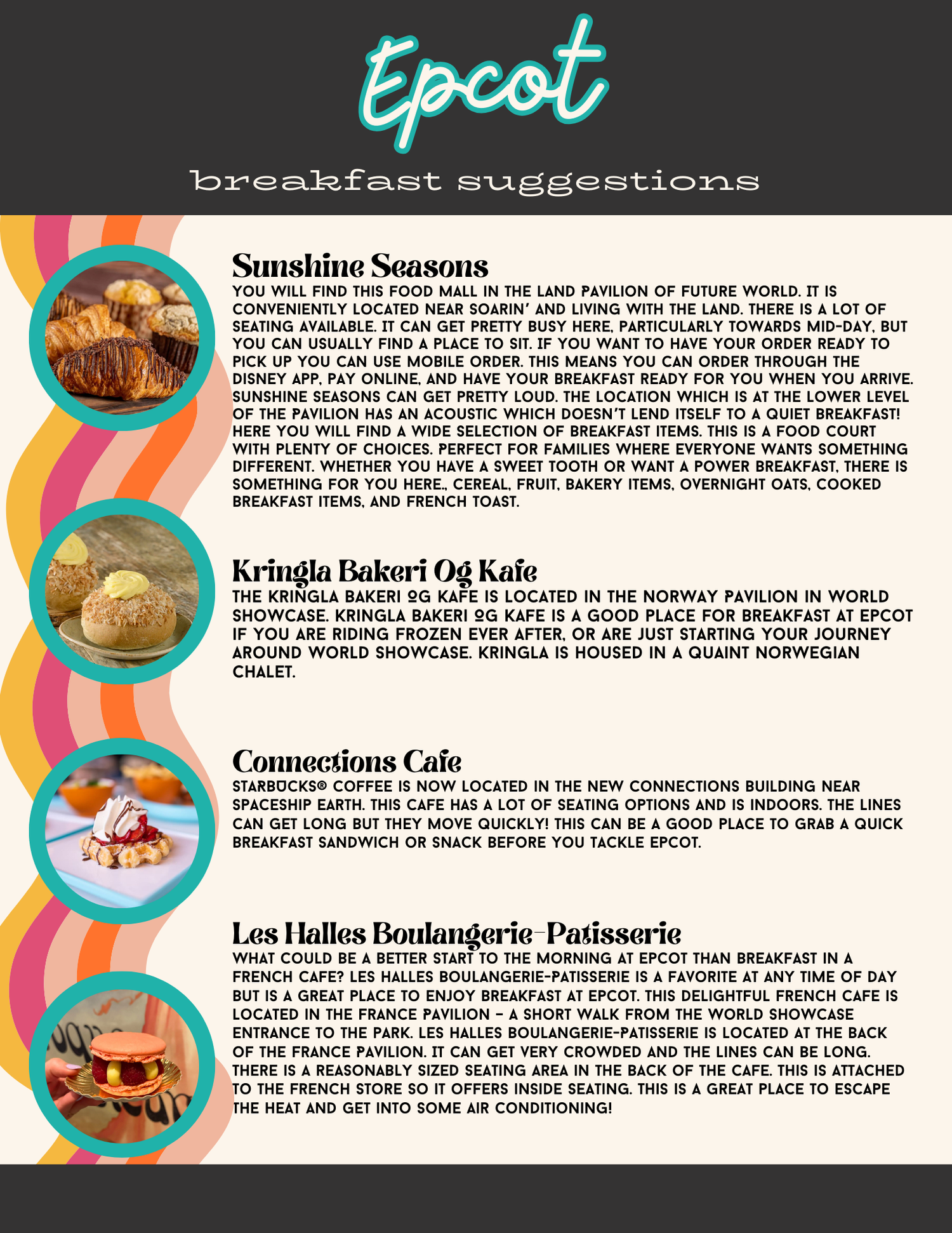 A menu of breakfast recommendations at Epcot featuring four colorful food photos with restaurant descriptions.