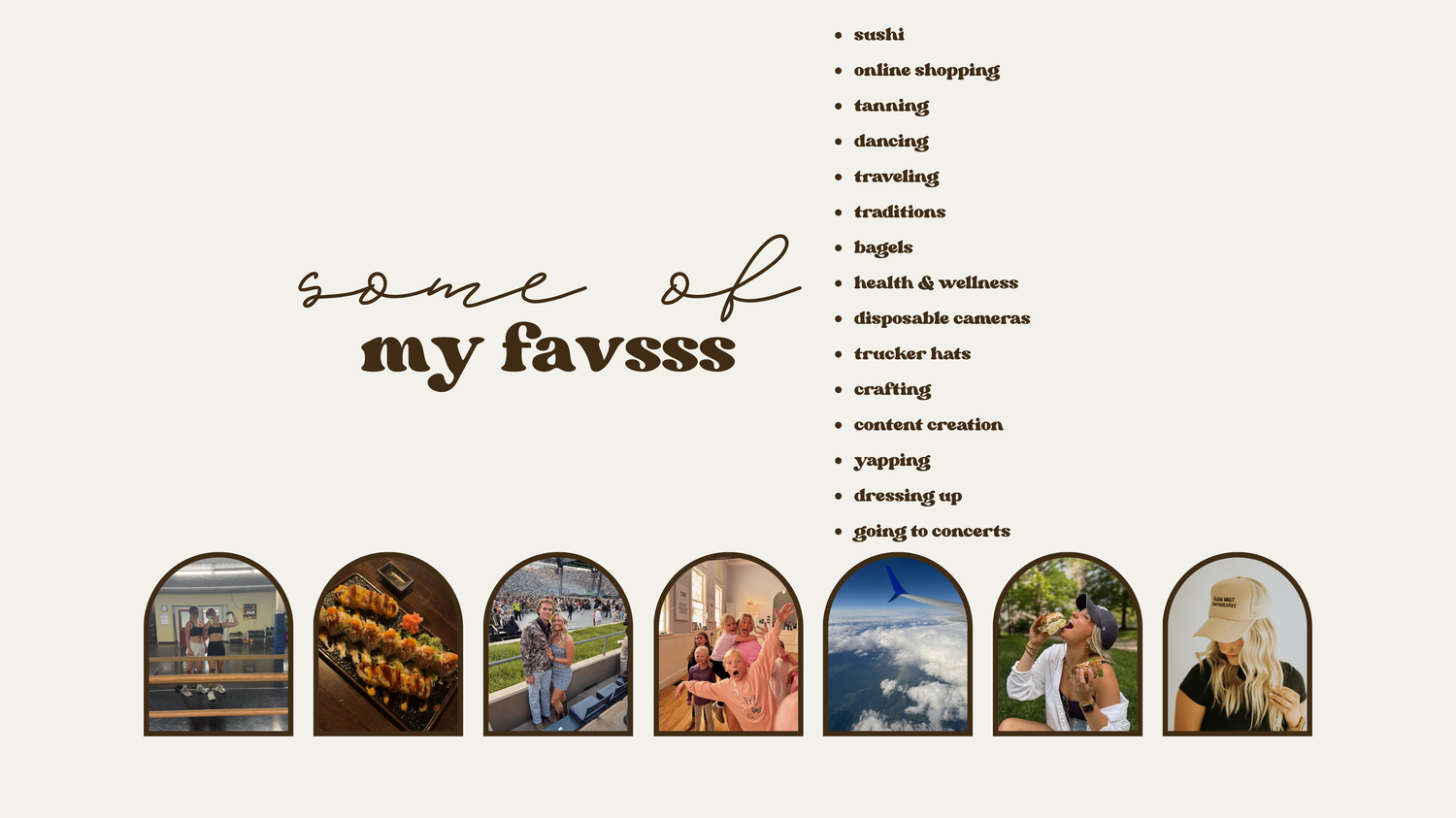 A digital mood board featuring seven arched images arranged in a row below a list of text categories.