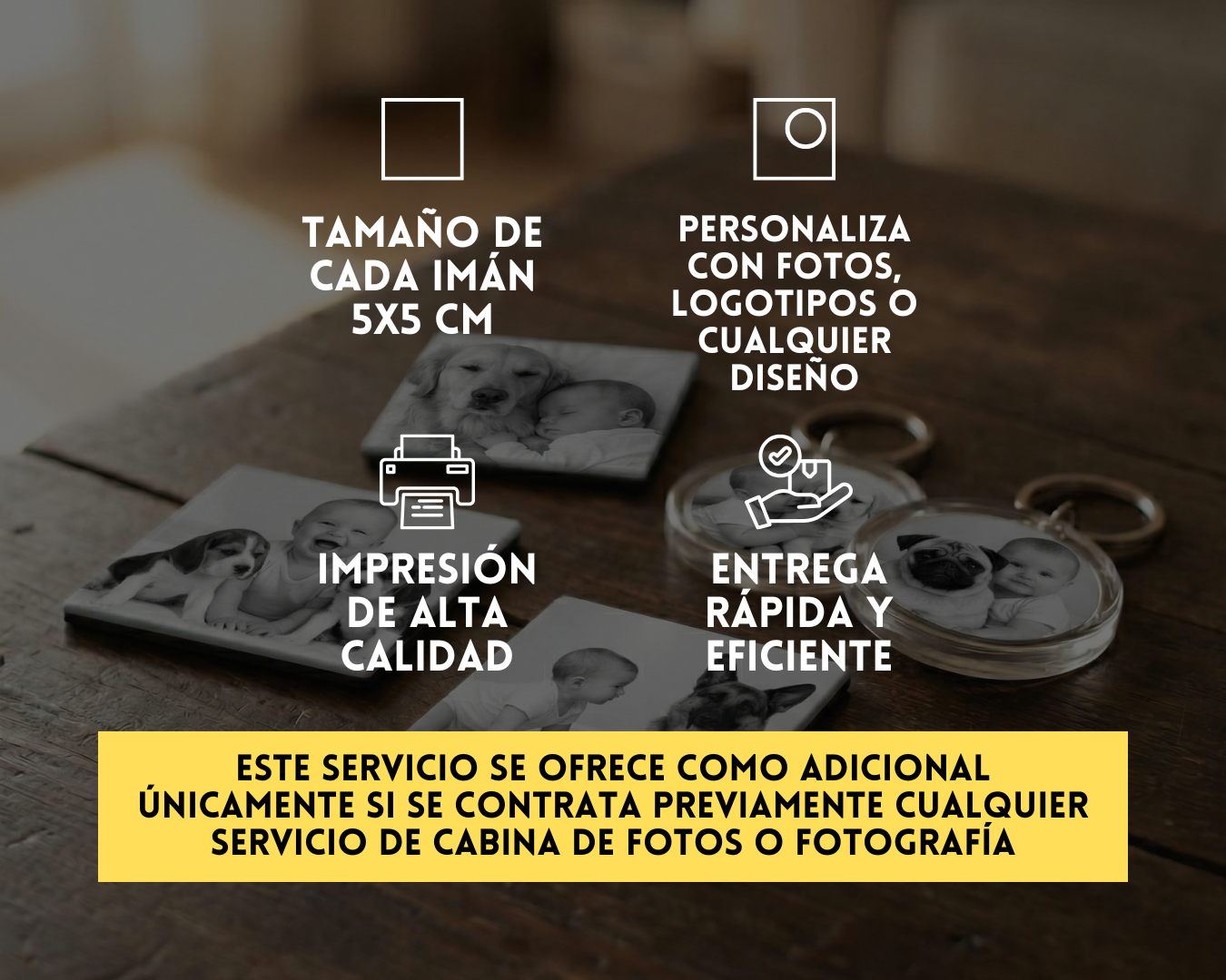 Spanish language advertisement banner for photo editing and graphic design services with yellow accent bar at bottom.