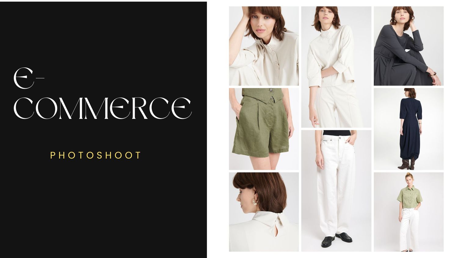 A grid of fashion clothing items including sweaters, dresses, pants and tops in neutral colors arranged in a collage layout.