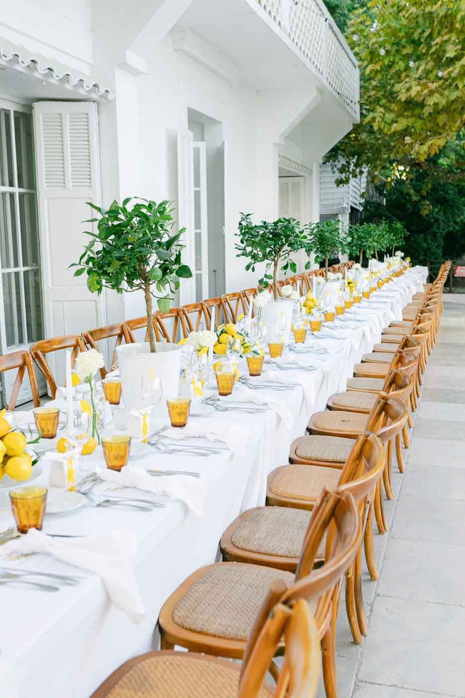 Grande table de réception dressée en extérieur, art de la table élégant pour un mariage en Provence.