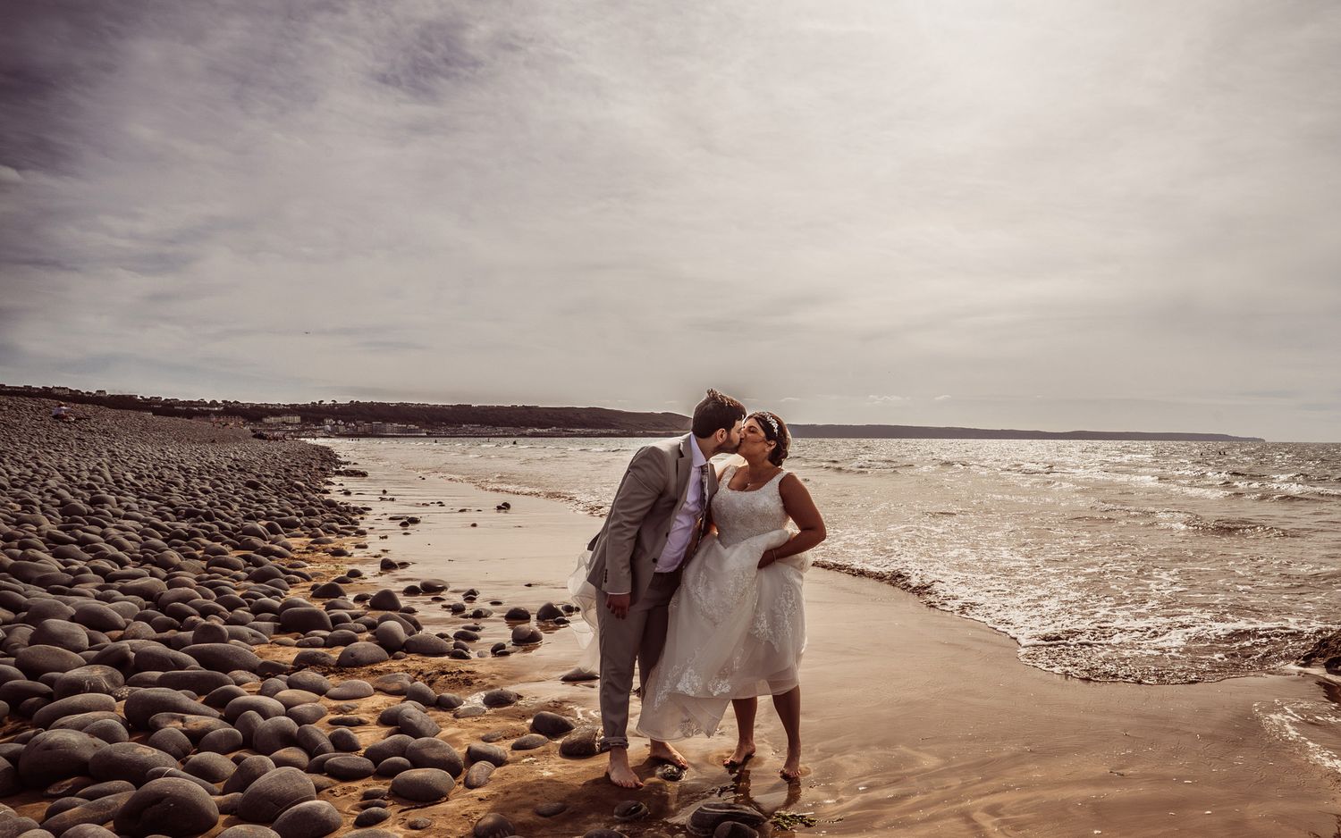 A collection of scenic beach photos showing waves, rocks, and shoreline at sunset.