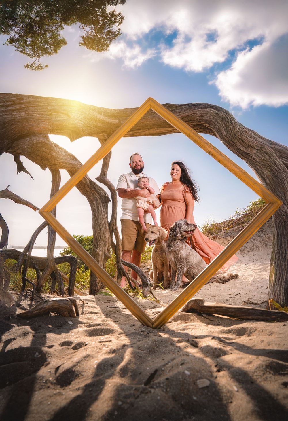 A series of artistic wooden frames on a beach at sunset creates geometric shapes against the natural landscape.