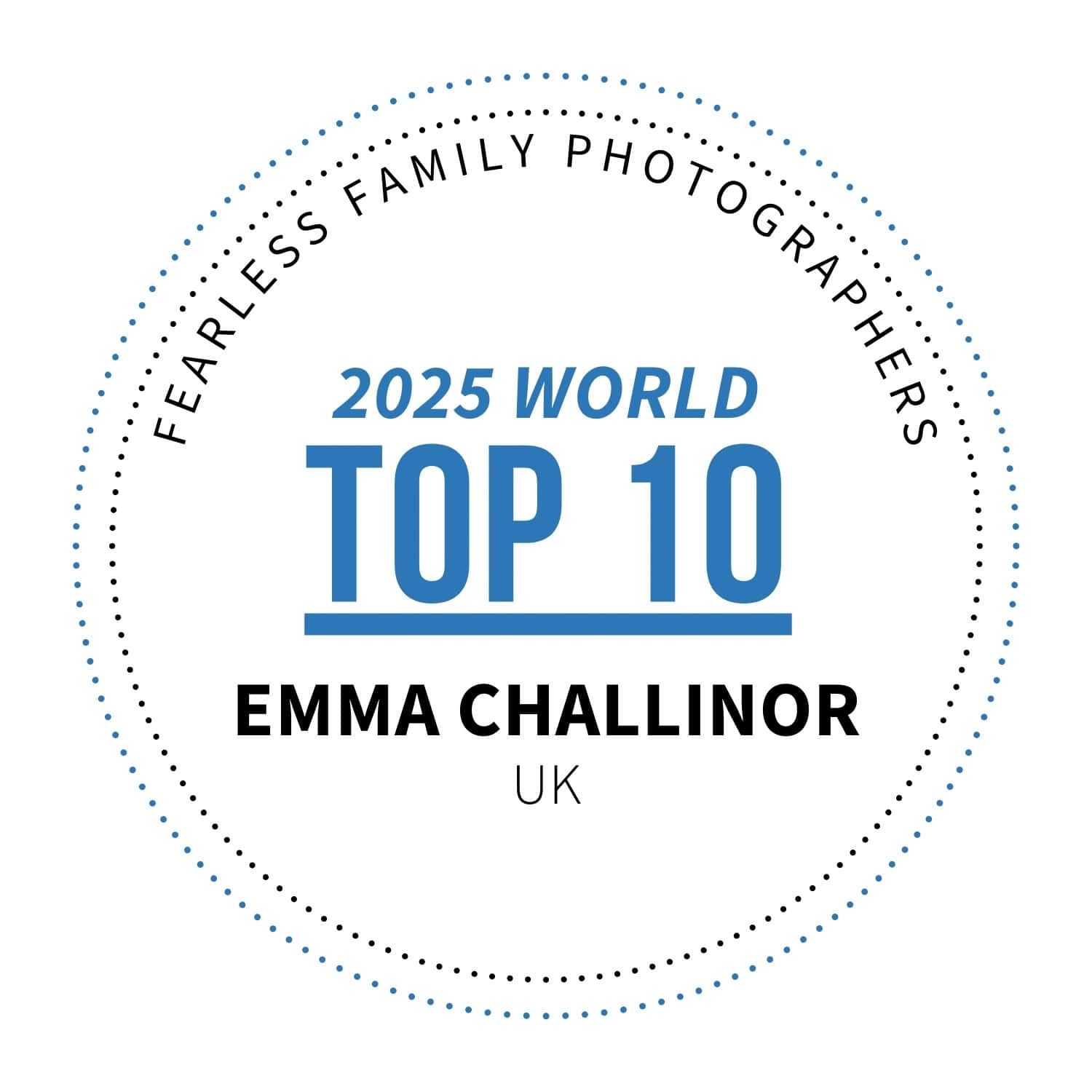 Banner from Fearless showing Emma Challinor came in the 2025 World Top 10, Fearless Family Photographers.