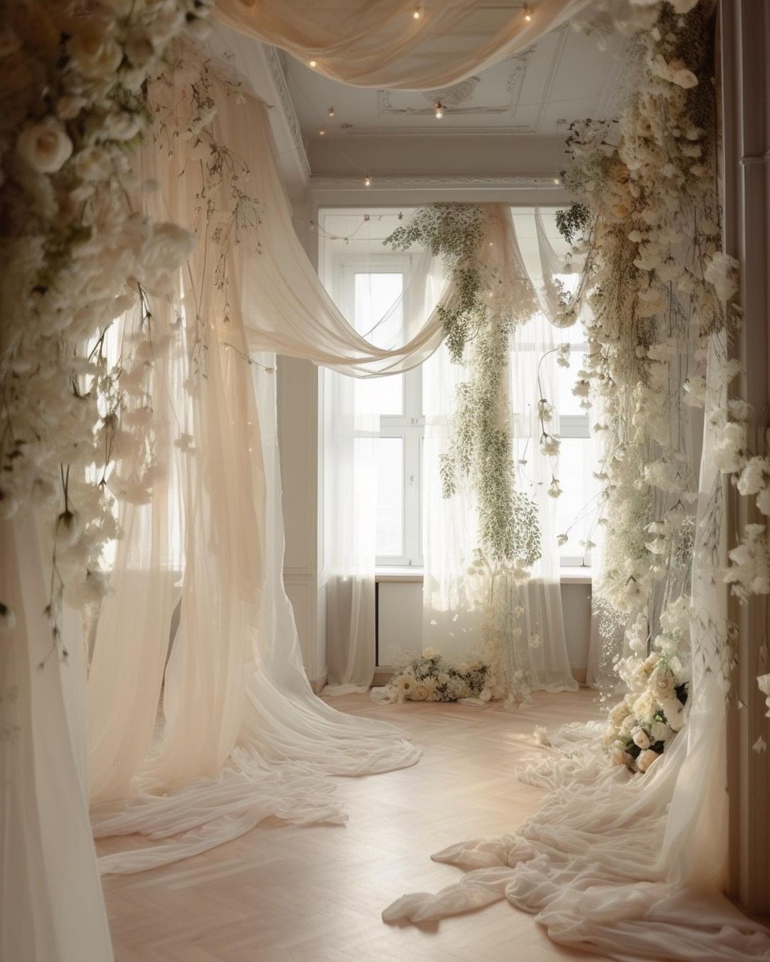 Ethereal white wedding venue with draped fabric, crystal chandeliers, and floral arrangements creating a dreamy atmosphere.