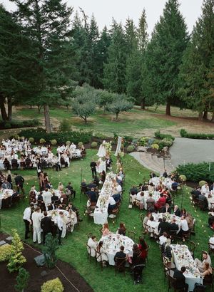Aerial view of an outdoor wedding reception with guests seated at tables among evergreen trees.