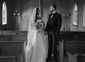 Black and white wedding ceremony photos in a rustic wooden chapel interior.
