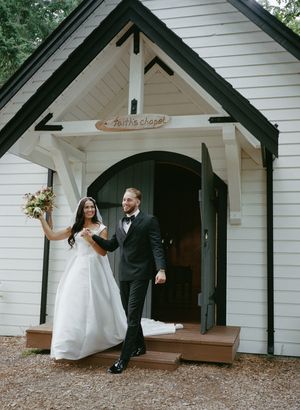 Sequence of wedding photos showing couple playfully posing outside white chapel building.