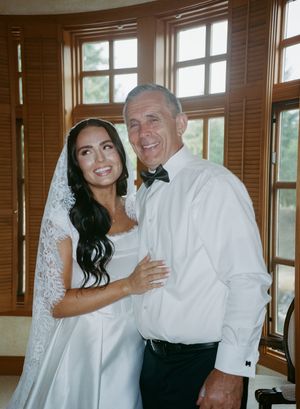 Series of joyful moments during wedding preparations in a wood-paneled room.