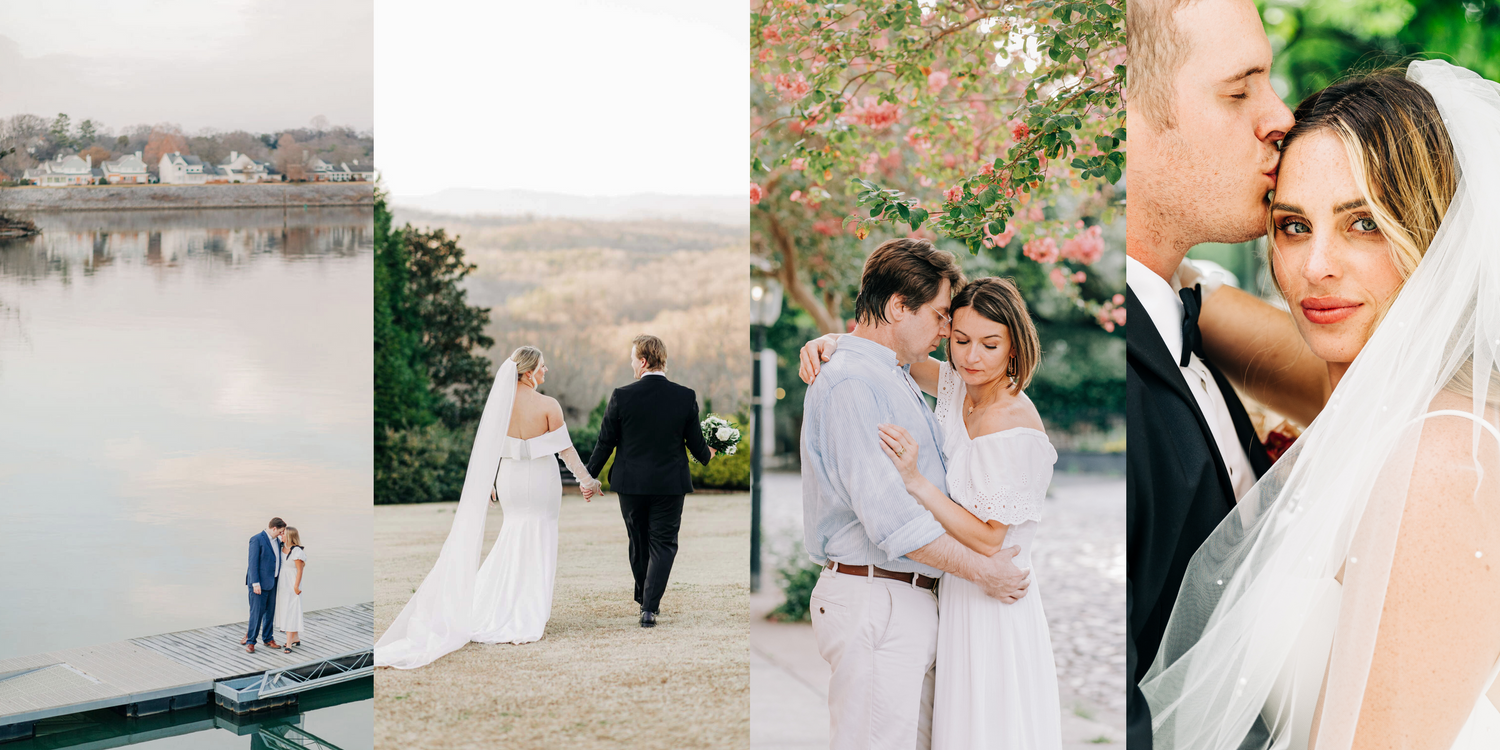 Wedding photography collage showing three romantic moments with scenic backdrops during an outdoor celebration.