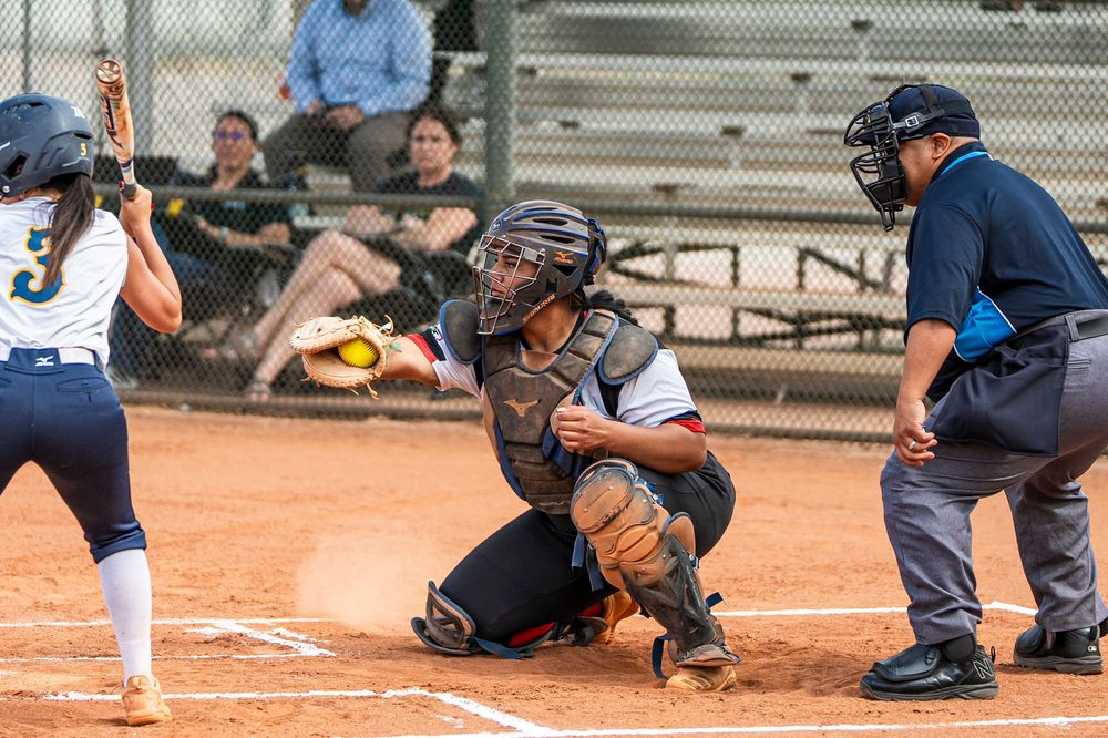 Girls softball player catching a strike