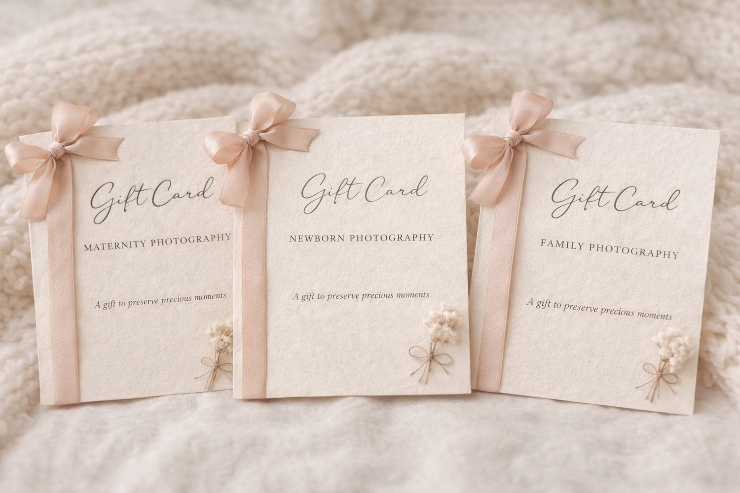 Elegant blush pink gift cards with delicate floral designs arranged in a row on a soft textured surface.