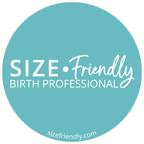 Five circular teal badges with the text 'Size Friendly' and 'Birth Professional' arranged in a horizontal row.