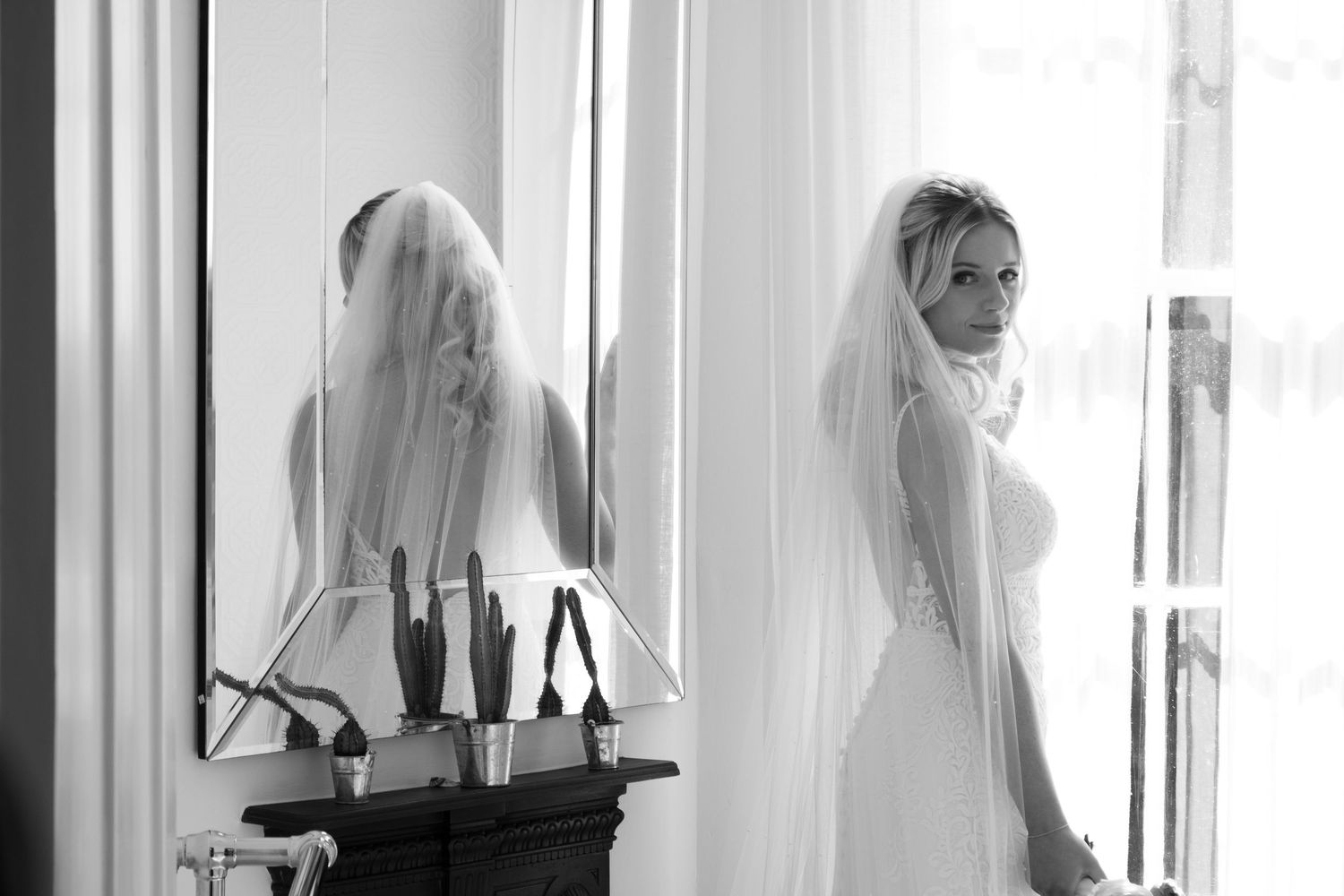 Black and white bridal preparation photo in the Cotswolds