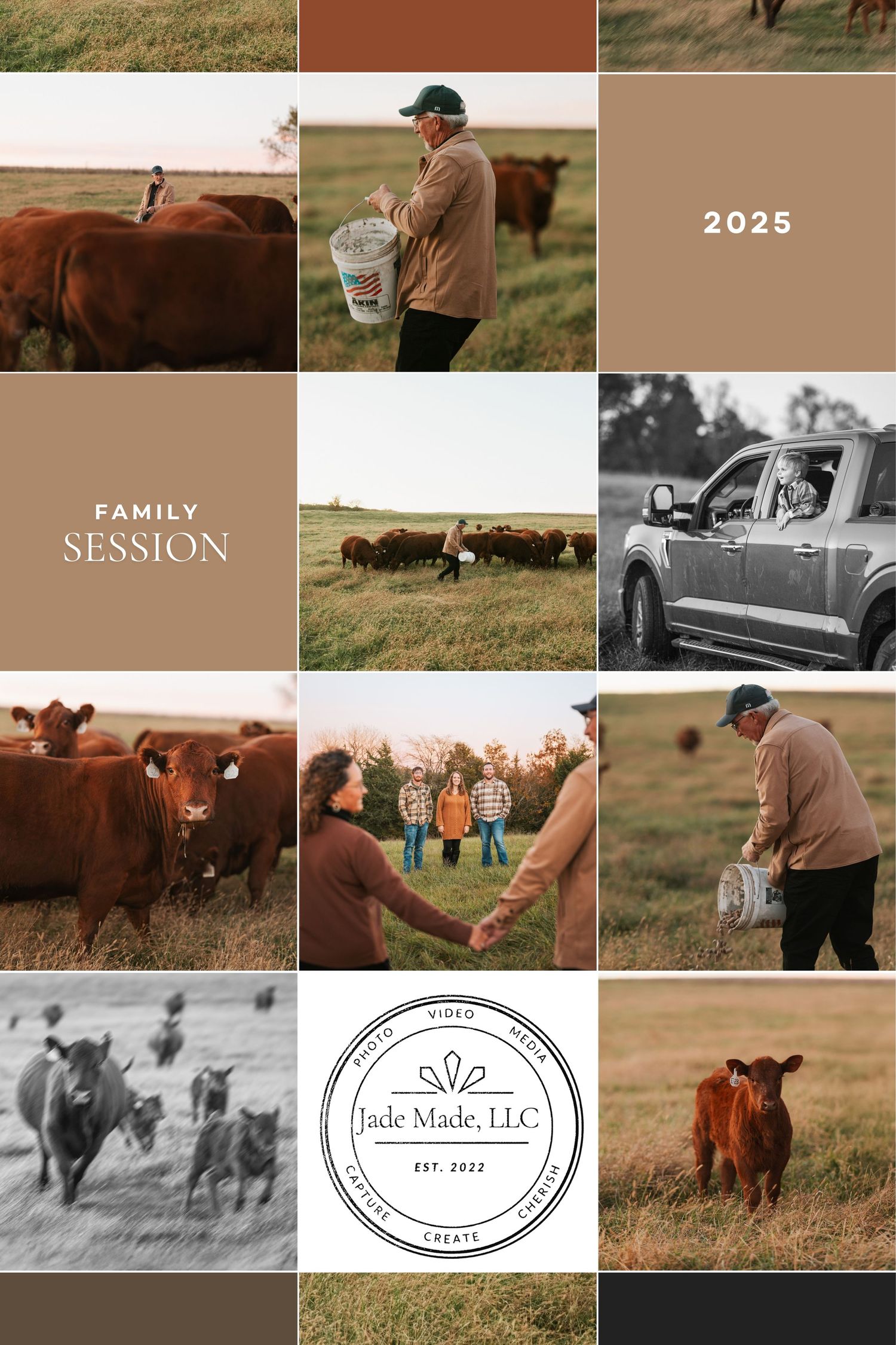 A collage of rustic farm photos featuring cattle, vintage trucks, and pastoral scenes in warm brown tones.