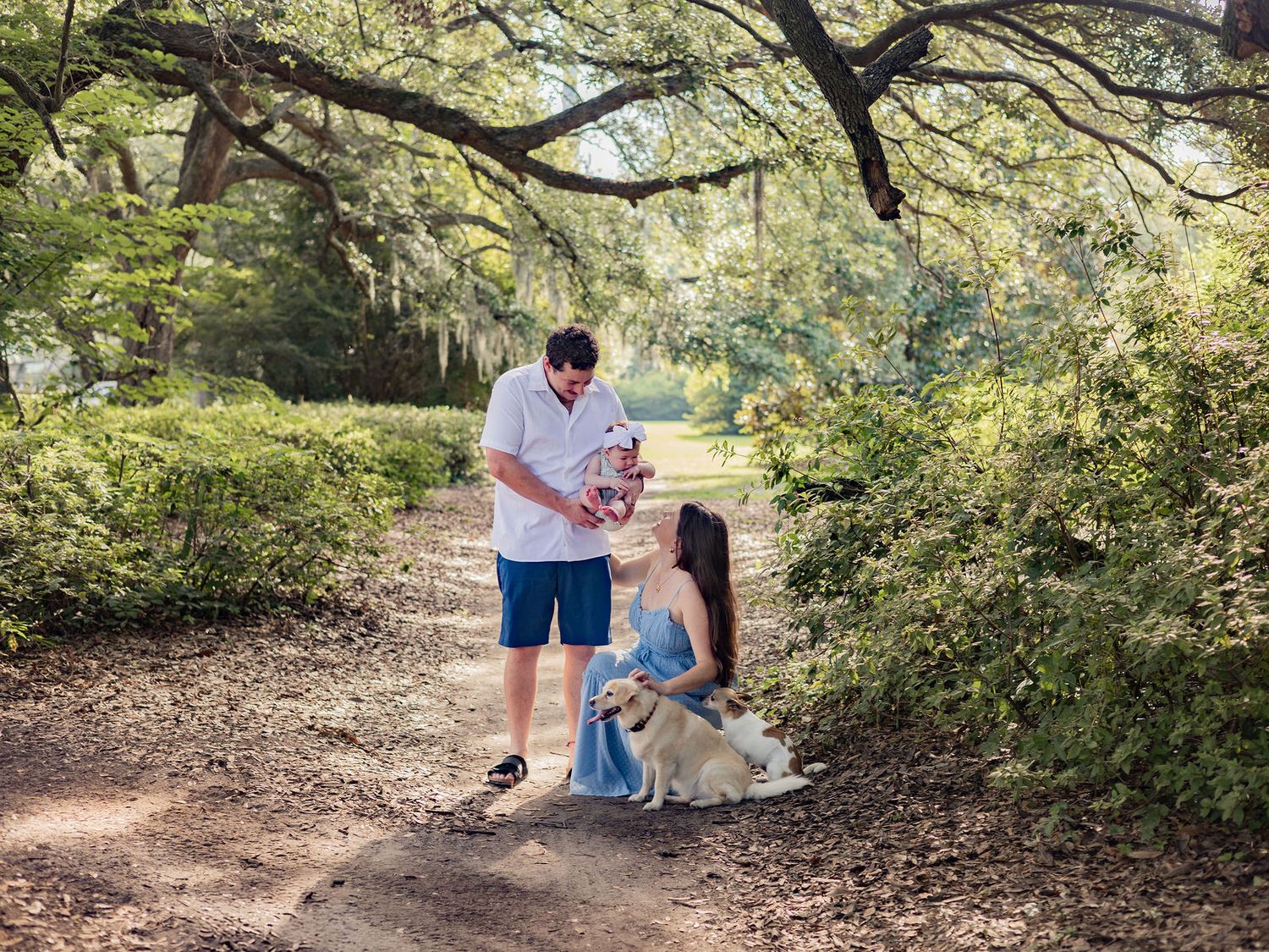 A couple shares a tender moment together while walking their golden retriever on a wooded trail in dappled sunlight.