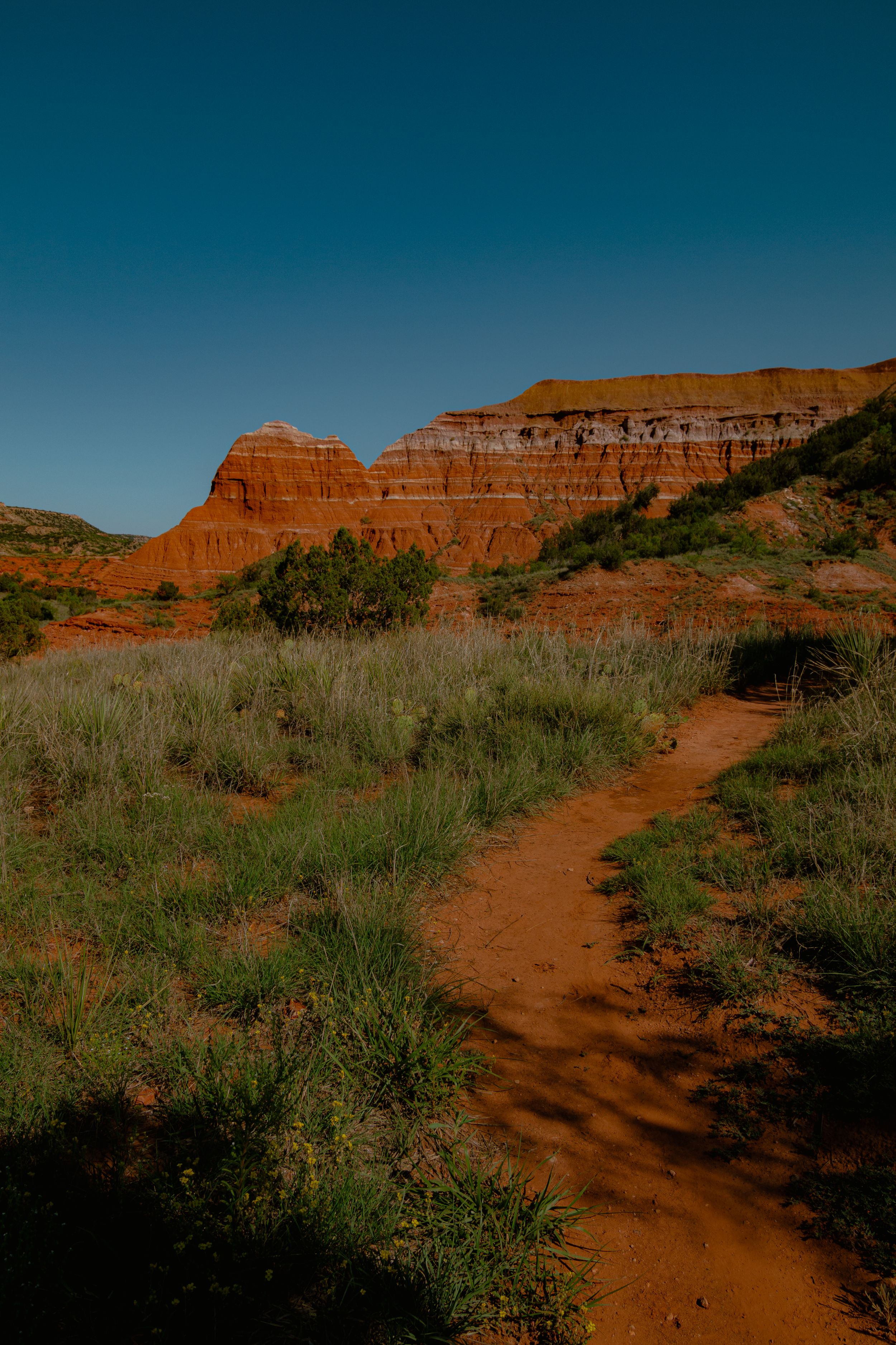 A winding red dirt trail leads through desert brush towards towering sandstone cliffs under a deep blue sky.