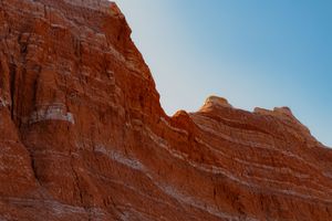 Panoramic view of towering red sandstone cliffs and rock formations in a desert landscape during sunset.