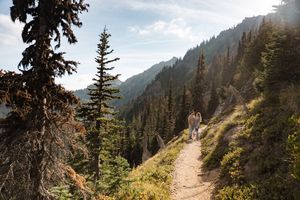 A scenic mountain trail winds through evergreen forest with steep slopes and distant peaks in the background.