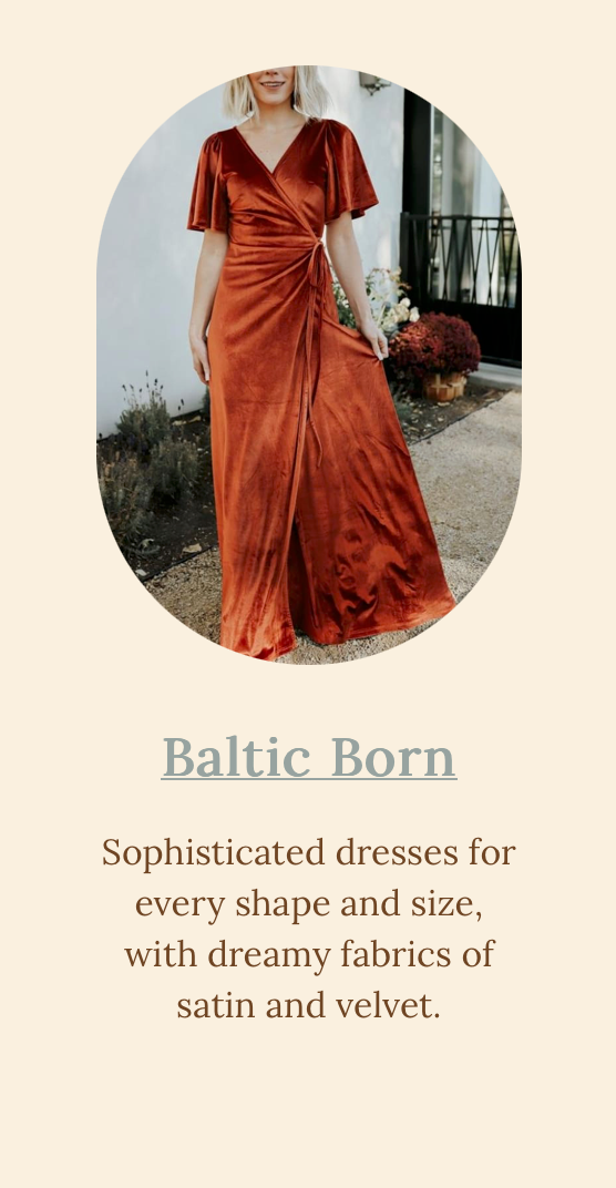Rust-colored velvet wrap dress with flutter sleeves shown against outdoor backdrop.