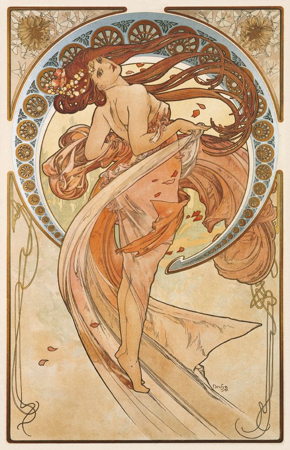Art Nouveau poster featuring flowing feminine figure in orange and beige tones with decorative floral border in circular frame.