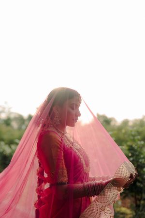 A traditional Indian bridal portrait series with flowing pink dupatta veil captured in outdoor natural lighting.