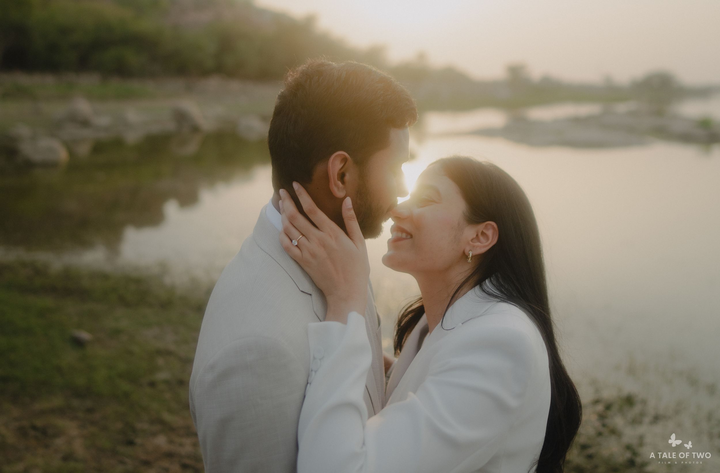 Romantic couple shares intimate moments by a misty lake at sunset in a series of connected photographs.