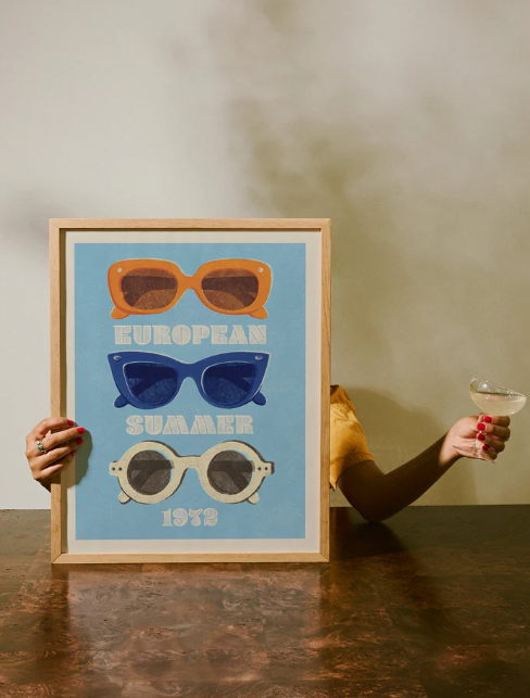 A sequence of vintage-style sunglasses illustrations showing hands holding frames against a light background and retro poster design.