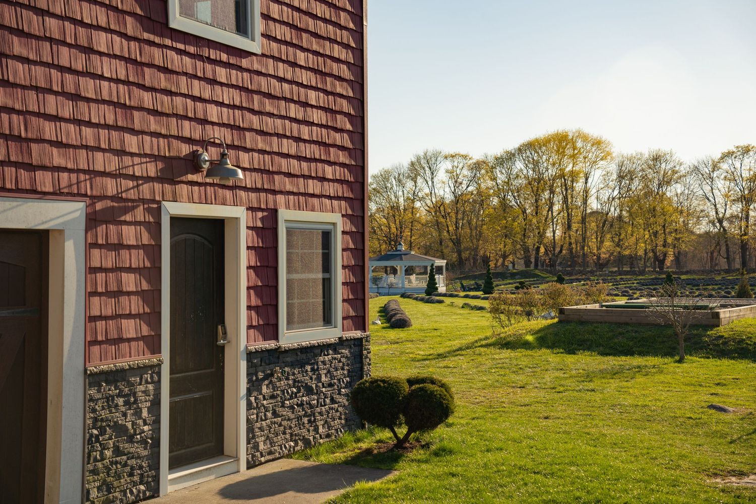 Side of a red building on the left with rows of lavender field to the right, creating a picturesque countryside scene.