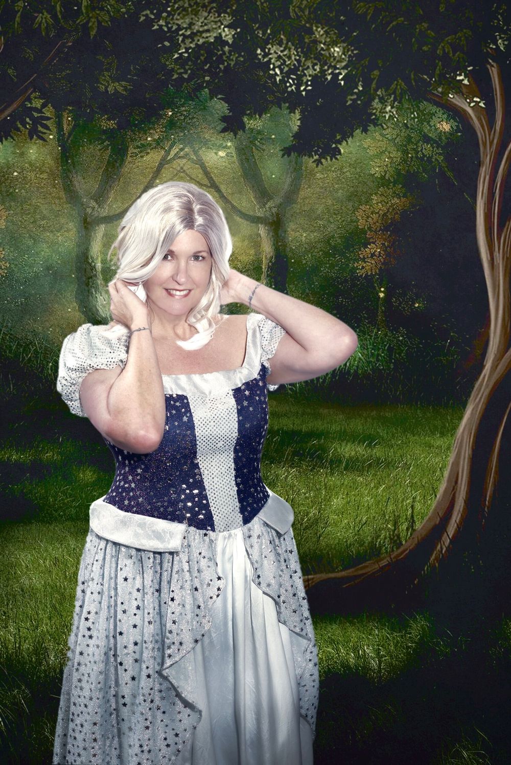 A fantasy-inspired portrait of someone in a medieval-style dress with white hair in an enchanted forest setting.