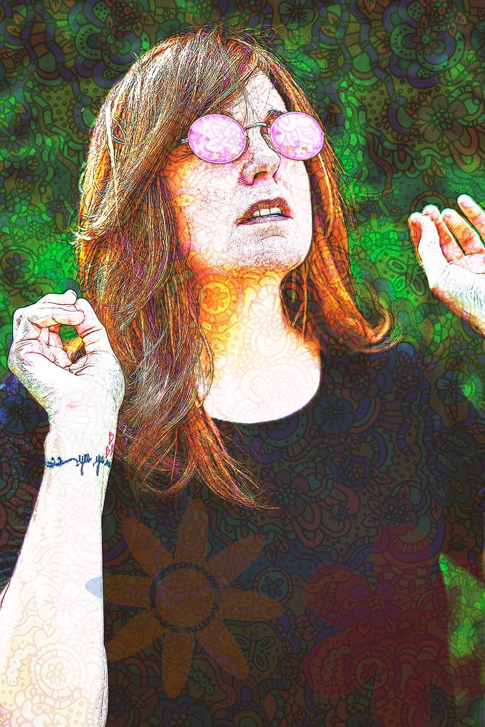 An artistic portrait with pink round sunglasses against a green abstract background.