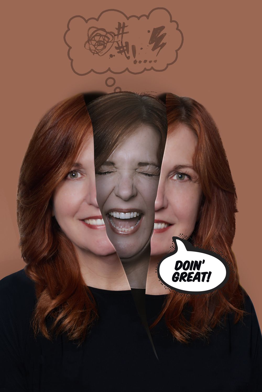 Creative triptych portrait showing three expressions with a thought bubble and 'Doin' Great!' speech bubble.