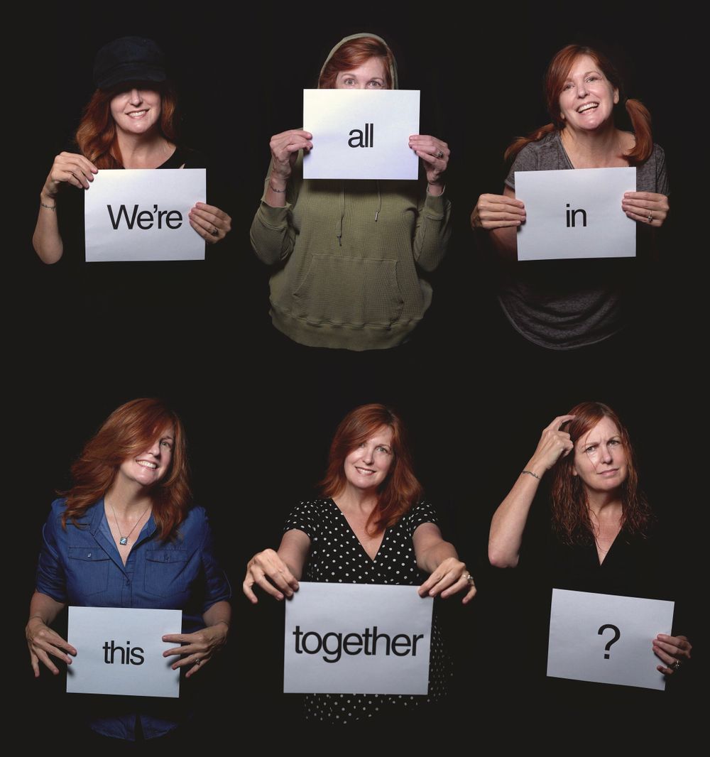 A creative photo series showing six panels with people holding signs that spell out 'We're all in this together?'.