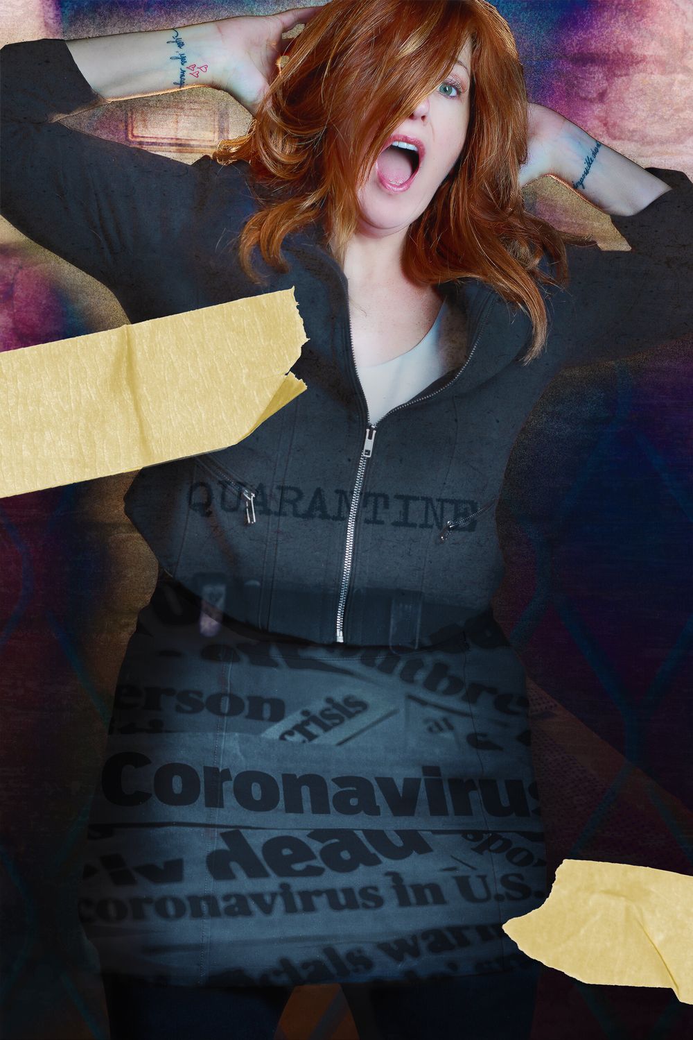 Person in black hoodie against artistic background with coronavirus text overlay.