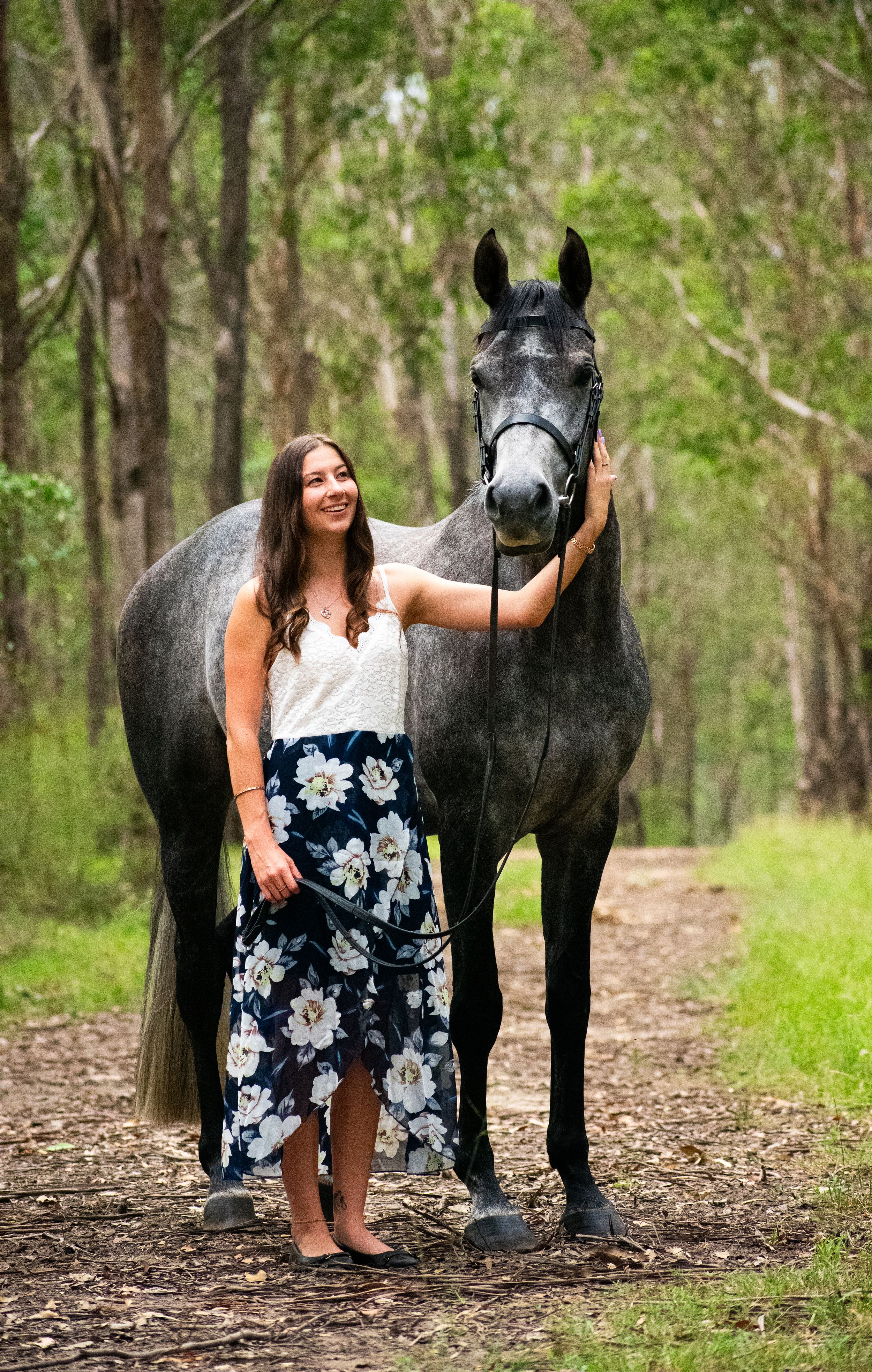 A beautiful dapple gray horse stands on a wooded path with its companion in a floral dress on a sunny day.