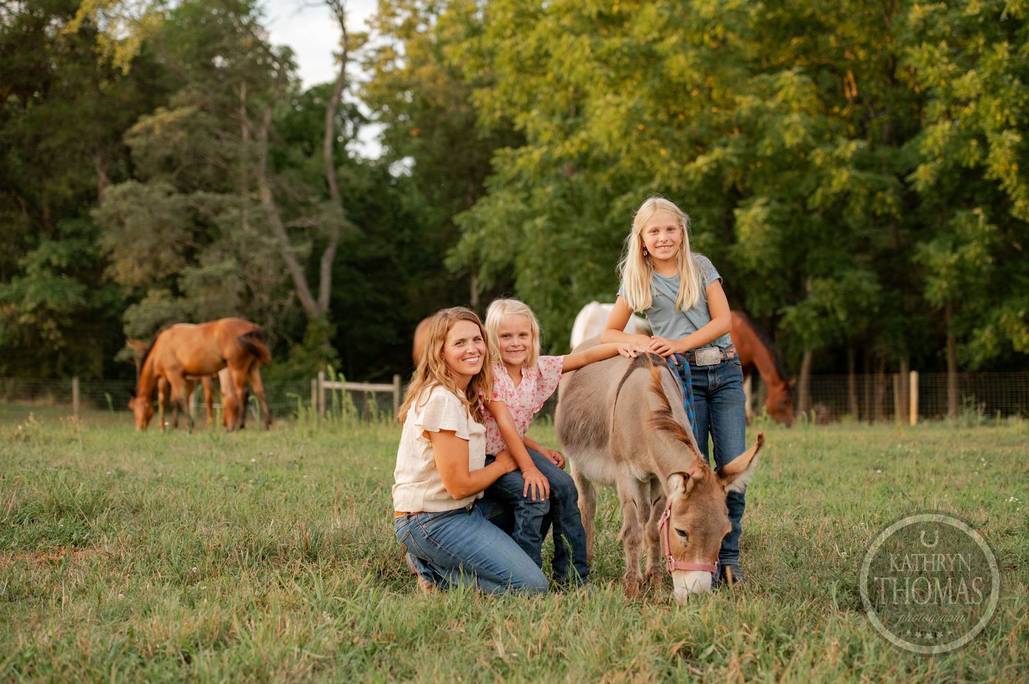 A miniature donkey poses with family members in a grassy field with horses grazing in the background.